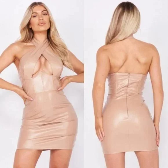 Dresses & Skirts - Nude Vegan Leather Faux Leather Sleeveless Halter Neck Bodycon Mini Dress